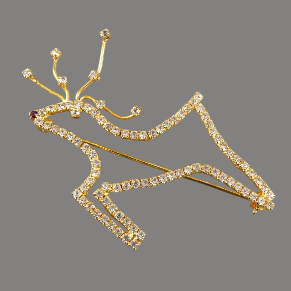 Vintage GOLD TONE BROOCH PIN Prancing Reindeer Deer CLEAR RHINESTONES Red Nose